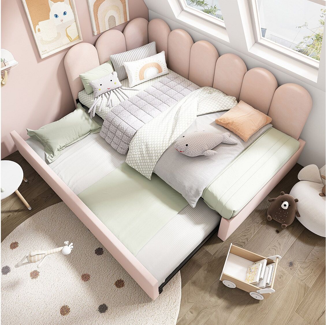 Hauss Spole Kinderbed 90x200 cm met onderschuifbed 90x190 cm, roze fluwelen bekleding, zonder matras