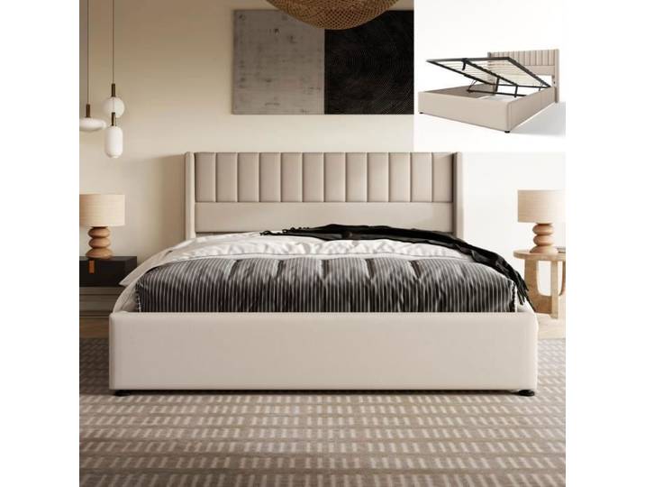 Lit coffre double 160x200cm - Lin beige - Sommier à lattes - Structure métal - Design moderne