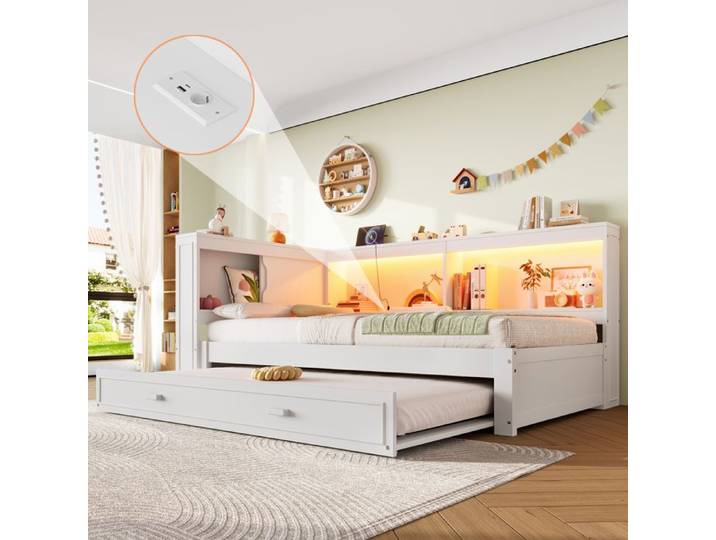 Lit gigogne 90x200 cm blanc avec LED prise USB et Type-C