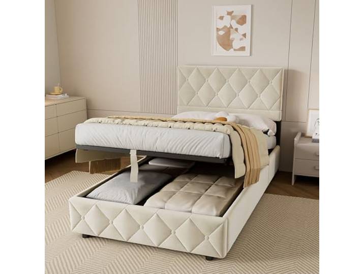okwish Polsterbett 90x190 mit Bettkasten, Samt, Beige, ohne Matratze verstellbares Kopfteil, Lattenrost aus Holz, Ideal als Einzelbett, Jugendbett und Stauraumbett