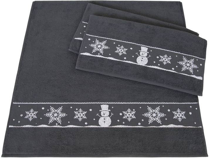 Handtuch Set DYCKHOFF Schneemann , grau (graphit), 3 Stk., Frottier, Frottier, Obermaterial: 100% Baumwolle, Handtuch-Sets, Handtuch Set, Made in Germany (2 Handtücher, 1 Duschtuch)