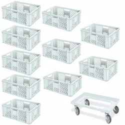 BRB 10 Euroboxen, 600x400x240 mm, weiß, lebensmittelecht + Transportroller