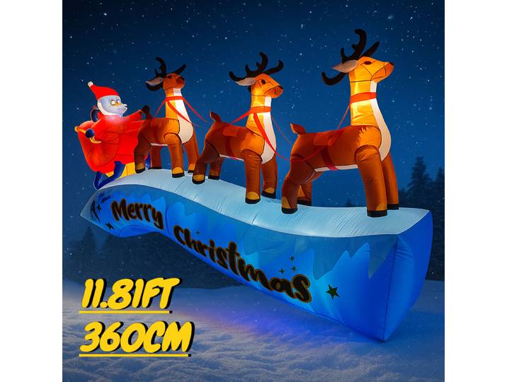 Jouet gonflable de 11.81 pieds, traîneau du père noël, renne, décoration de cour de noël, éclairage LED, ornement de maison, cadeau festif, fournitures de noël