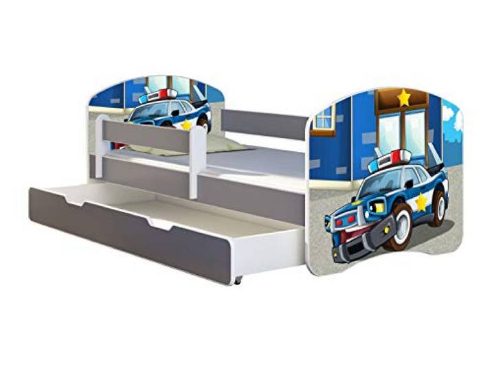 ACMA Kinderbett Jugendbett mit Einer Schublade und Matratze Grau mit Rausfallschutz Lattenrost II Spielbett Kinderzimmer Möbel (38 Polizei, 140x70 + Bettkasten)