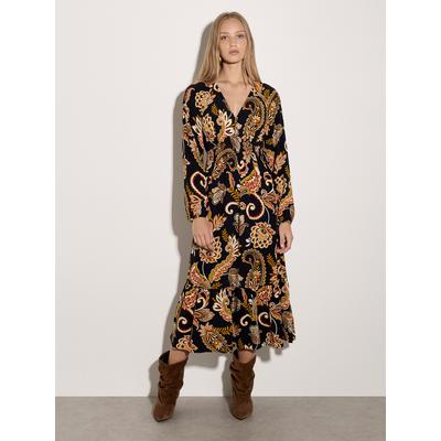 Midikleid APRICOT "Wadenlanges Kleid mit Blumen", Damen, Gr. 10, bunt (schwarz), gewebt, , Modisch, normal, V-Ausschnitt, Elastische Bündchen, Kleider Midikleid, mit Smokdetails