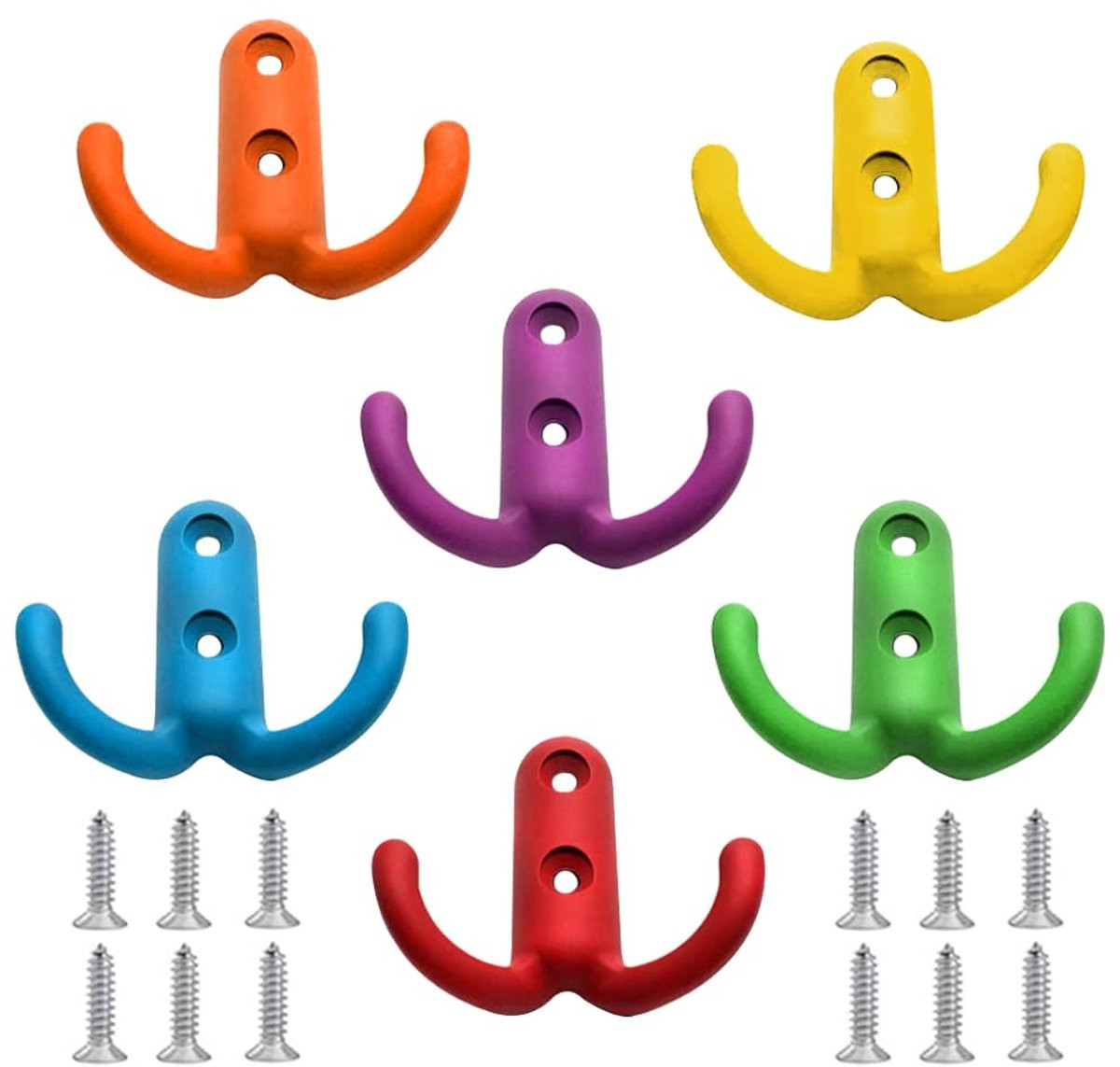 Set van 6 kleurrijke dubbele wandhaken van metaal voor de garderobe, badkamer, keuken of het kantoor