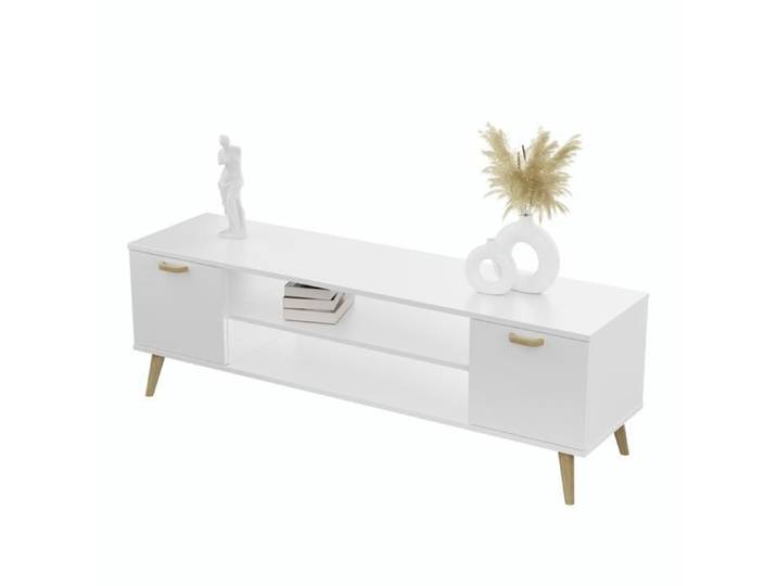 Meuble TV Focus Armoire TV - blanc pieds bois style scandinave L 155 cm