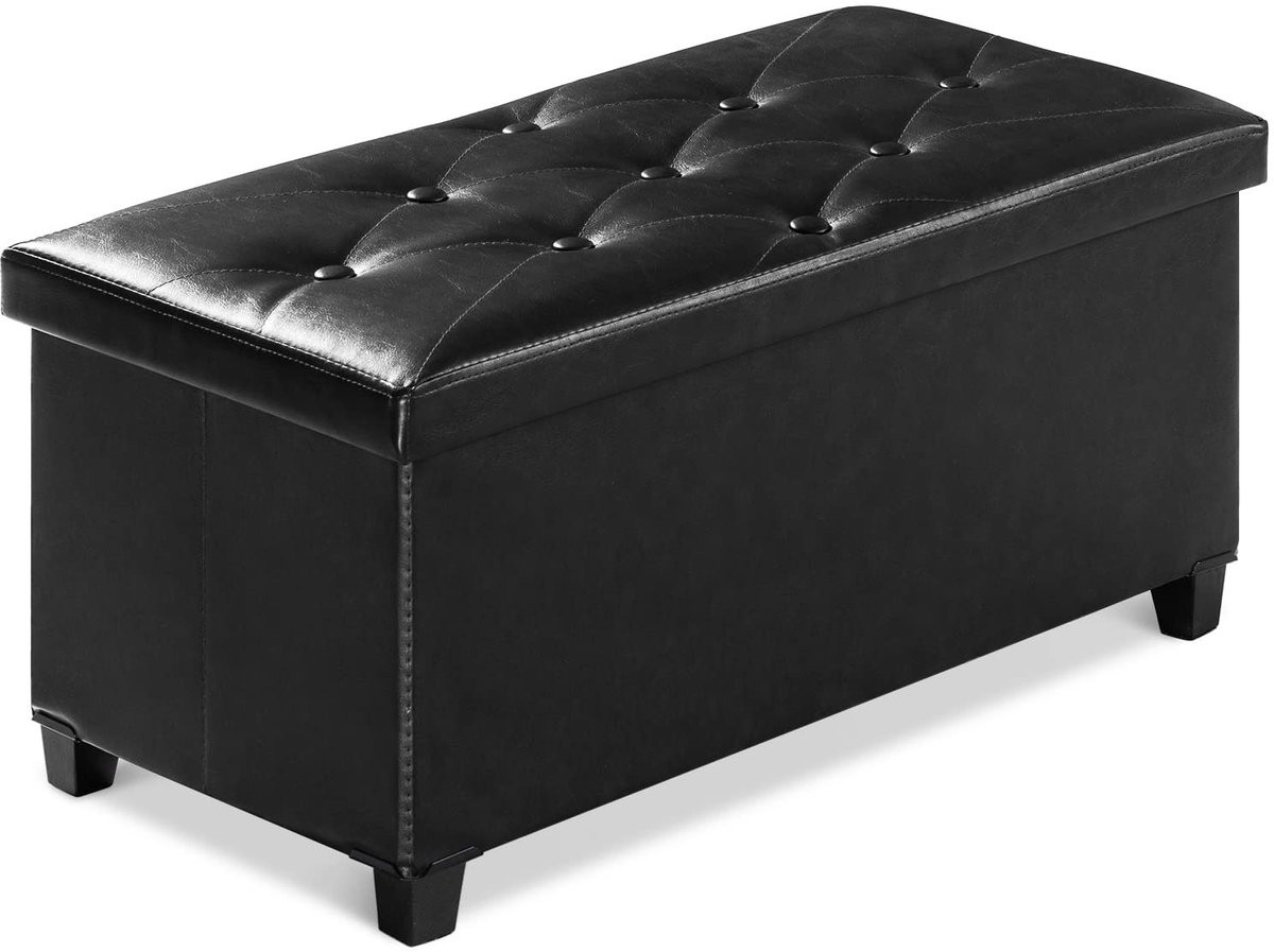 Omgoods Opberg Ottoman met 4 Houten Benen - Zwart Faux Leather