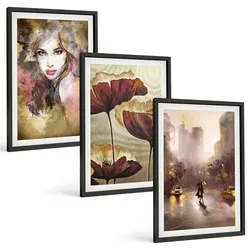 BILDER SET 3er Set - 40x60 cm Schwarzer Rahmen - Abstraktes Porträt einer Frau mit Blumen und Regen