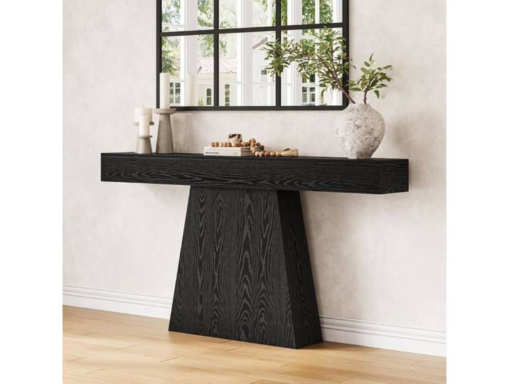 Finmind Table Console 160×29.5×90 cm Table Moderne en Bois avec Piètement Trapézoïdal Pour Salon Entrée Couloir Noir