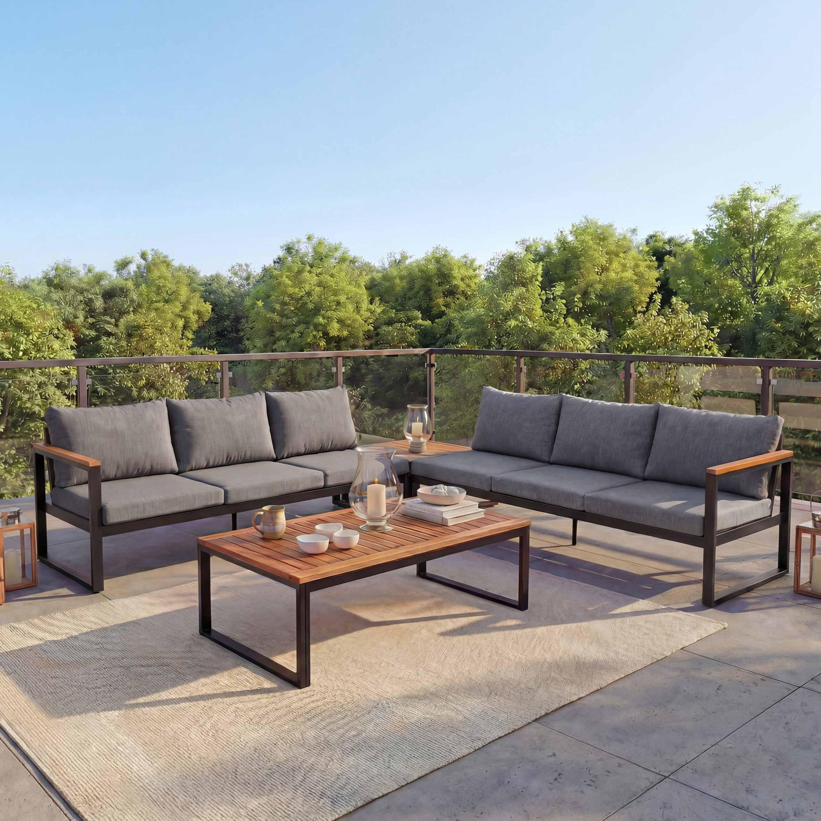 Mendler Tuinset HWC-L26 loungeset met sofa en zitgroep, aluminium en acaciahout, donkergrijs
