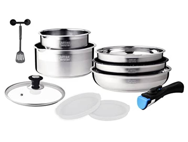Arthur Martin AM0025 Kochgeschirr-Set, 10-teilig, Edelstahl, mit Ausgießer, abnehmbarer Griff, für alle Herdarten geeignet, auch Induktion