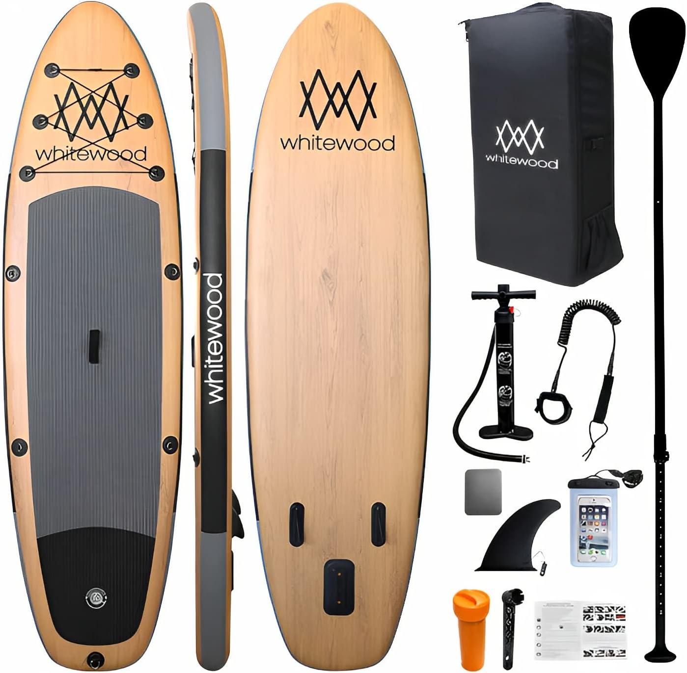 Aufblasbares SUP Premium Paddleboard, 335 cm, Holzdesign mit Zubehör, Rucksack, Paddel, Luftpumpe, Leine, aufblasbares Stand-Up-Paddleboard, 180 kg