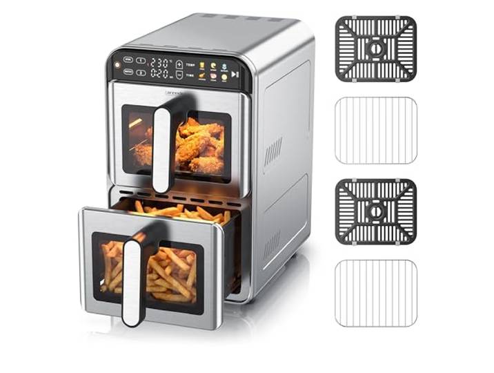 Arendo – Heißluftfritteuse XXL Edelstahlgehäuse - 2 Kammern Doppelstock – 11 Liter Airfryer 2 Zonen – mit Sichtfenster – individuelle Temperatureinstellung – Infrarot Heizelement