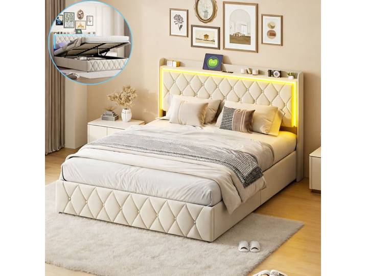 Lit Double 140x190cm -LED Pilotage app - Chargement USB Type-C- Cadre de Lit Adultes Adolescents avec Sommier - Velours Beige