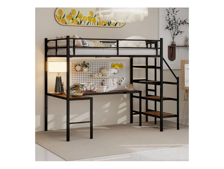 HAUSS SPOLE Hochbett 90x200 Kinderbett Jugendbett L-form Schreibtisch & Matratze,Schwarz (Hochbett mit L-förmigem Schreibtisch und Stecktafel) 360° Rundum-Sicherheitsgeländer,mit Matratze