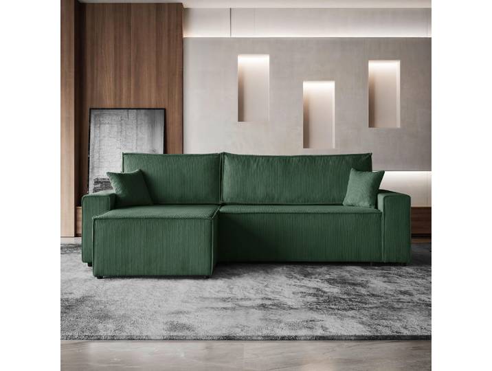 Ecksofa HEKTOR L-Form mit Schlaffunktion und Bettkasten, Couch in Dunkelgrün, Ottomane 100 cm
