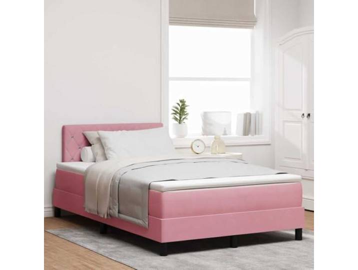 Samt Boxspringbett mit Schaumstoff Modernes Design 120 x 200 cm Rosa Boxspringbett mit Matratze und Kopfteil Rosa 120x200 cm Samt Bett mit Lattenrost Holzgestell Doppelbett