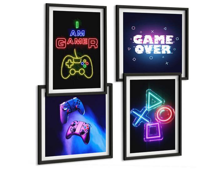 Tulup Bilder SET 4er Set - 50x50 cm & 40x60 cm Schwarzer Rahmen - Gamepads, Spielersymbol-Untertitel, Kunststoff, Rechteckig, 50x50 cm, Fotografie, Bilder & Rahmen, Bilder