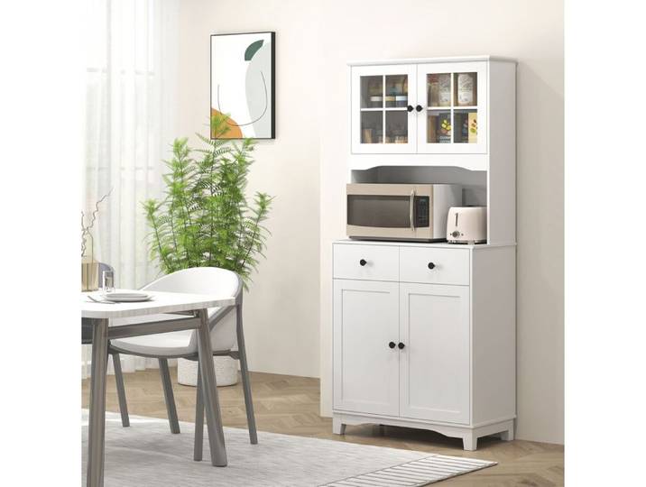 Buffet de cuisine haut avec placard vitré 2 portes 2 tiroirs étagères réglables pour cuisine blanc - UVRION