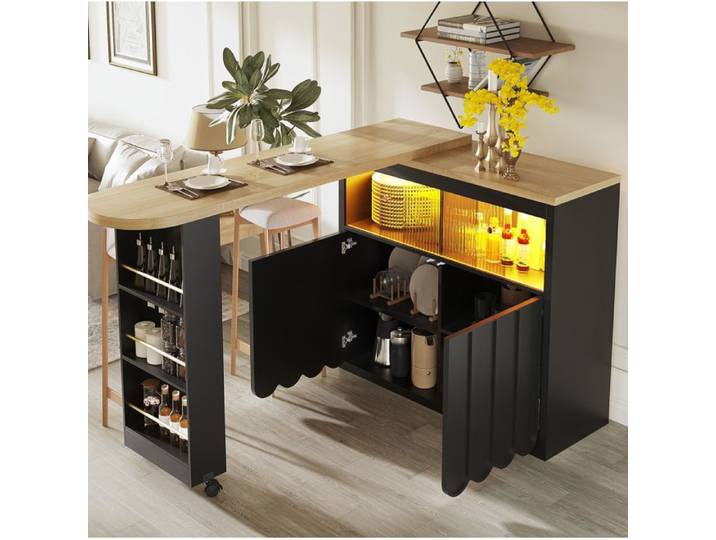 COVREO Bar table extensible avec rangement LED roulettes porte coulissante en verre noir