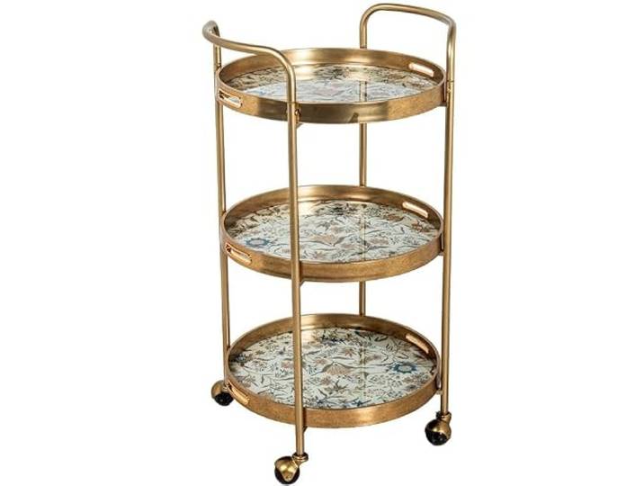 DRW Runder Servierwagen mit 3 Ablagen aus Metall, goldfarben, 87,5 x 50 x 44,6 cm