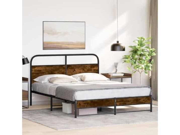 RJPLMFV Bettgestell, 150 x 200 cm, Holz, Raucheiche Robuste Stahlkonstruktion, Kopfteil inklusive, Lattenrost, ohne Matratze