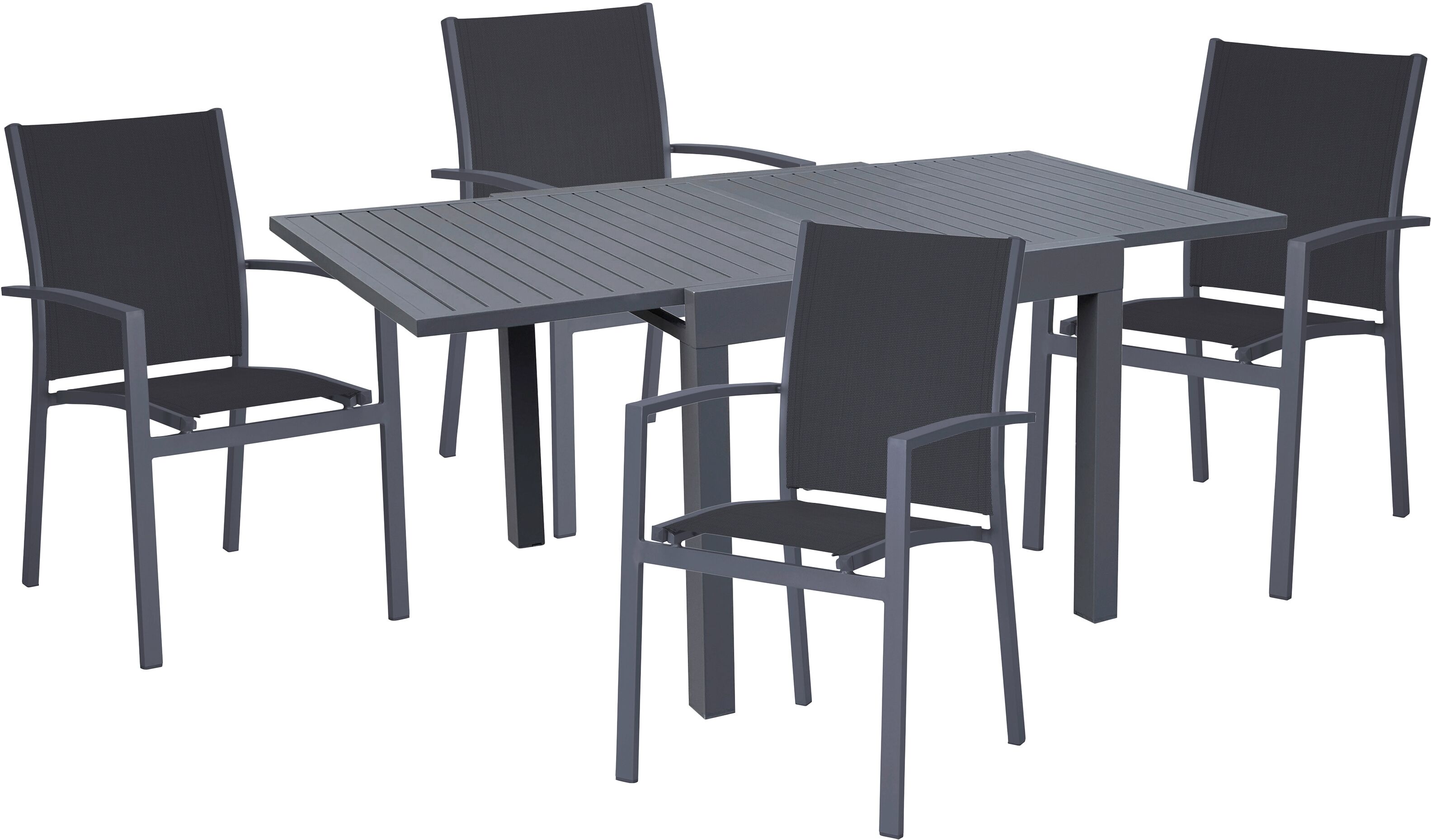 Garten-Essgruppe GARDEN PLEASURE "ELENA", grau (anthrazit, anthrazit, anthrazit), B:180cm H:89cm T:190cm, Aluminium, Kunststoff, Sitzmöbel-Sets, Garten-Essgruppe, mit platzsparenden Stapelstühlen