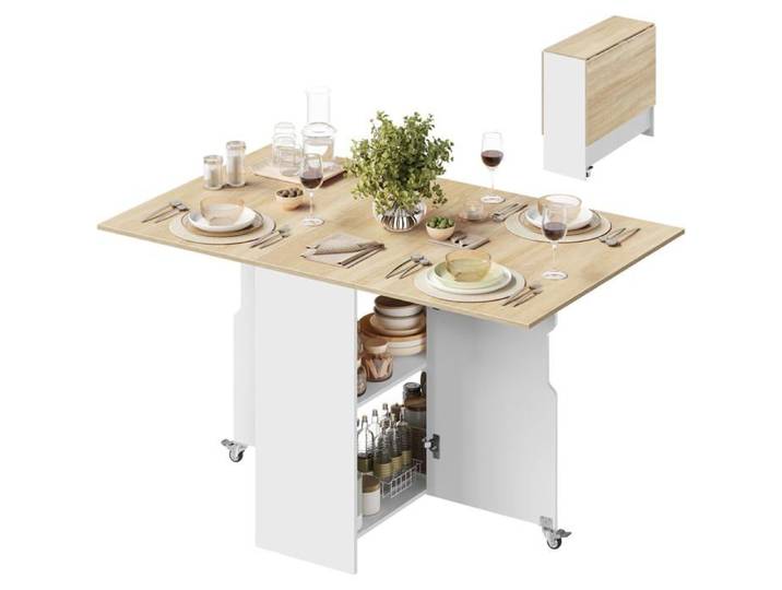 Table de Salle à Manger Pliante - WOLTU - 3 Formes Possibles - en bois d'ingénierie - À roulettes avec freins-Blanc + Chêne Clair