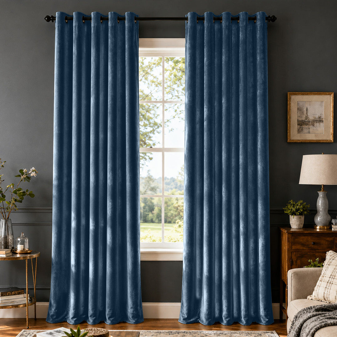 Canora Grey Crushed Velvet Eyelet Window Curtains Blue 228cm Width x 168cm Drop
