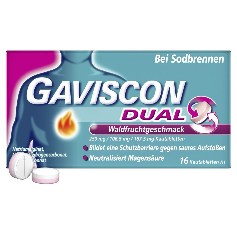 Gaviscon Dual Waldfrucht 250mg/106,5mg/187,5mg KTA 16 St Kautabletten