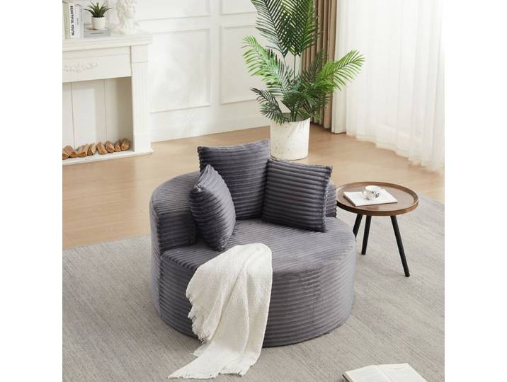 Fauteuil rond en velours côtelé - Diamètre 110 cm - Gris - Velours côtelé doux - Fauteuil individuel confortable