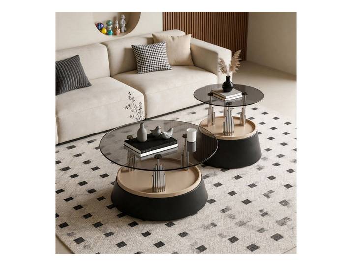 Celya Couchtisch 2-teiliges mit gehärtetes Glasplatte und Metallgestell (modernes Nesting-Design Wohnzimmertisch, platzsparend)
