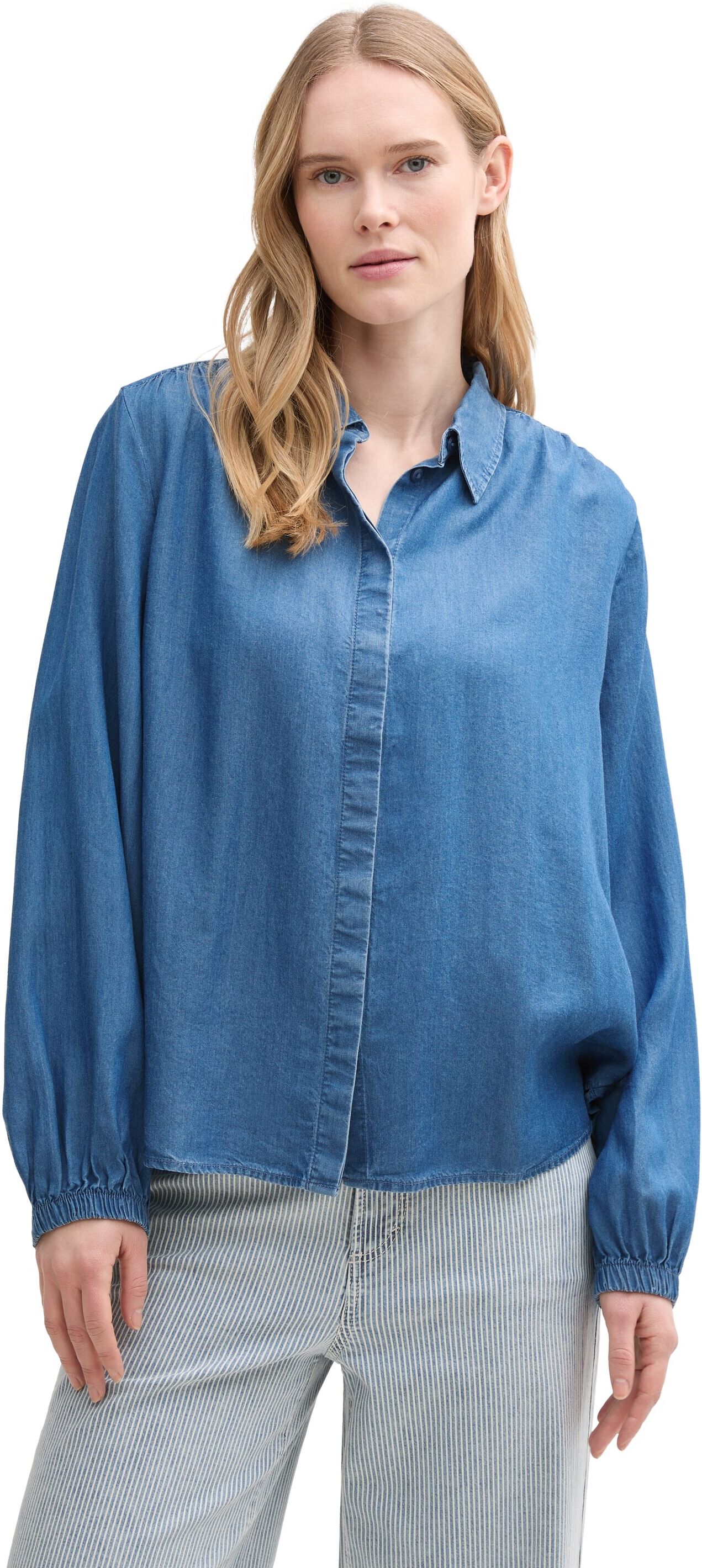 Hemdbluse TOM TAILOR, Damen, Gr. 36, blau (blau denim), Denim/Jeans, Obermaterial: 100% Lyocell, unifarben, regular fit taillenbedeckt, elastischer Bund, Blusen Hemdbluse, mit Kent Kragen blau denim 36