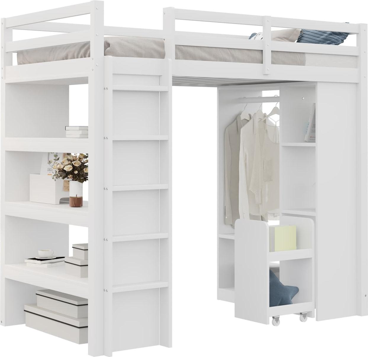 Kinderhochbett,Jugendbett,Einzelbett(Weiß)Mit Mehrstufigen Regalen,Einfachen Kleiderbügeln und Ablagefächern,Mit 1 Herausnehmbaren Organisationswagen