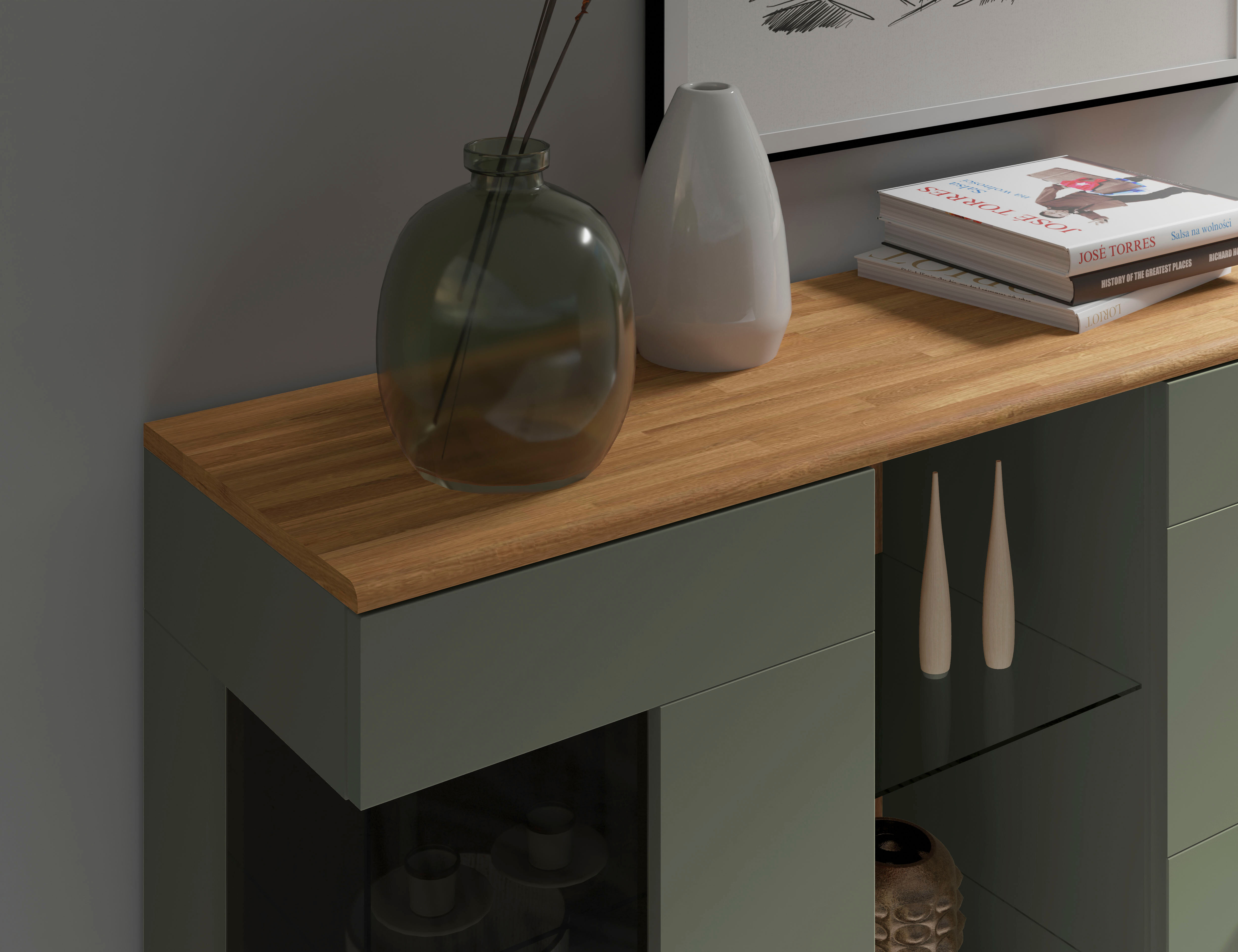 Highboard GOODPRODUCT "Ribe,120cm breit,112cm hoch,Oberplatte massiv,12 Fächer", grün (salbei, eiche), B:120cm H:112cm T:35cm, Sideboards, Highboard, Eiche massiv,Melamin Salbeigrün,schwarze Metall Griffe,Türen mit Glass salbei, eiche B/H/T: 120cm x 112cm