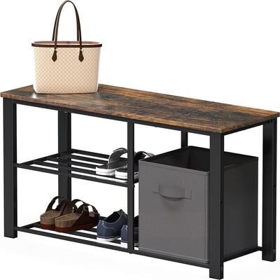 No Wood Top Shoe Storage Bench for Entryway, Rustic Brown