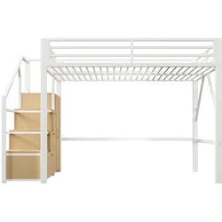 OKWISH Hochbett aus Metall und MDF in Weiß, 140x200 cm, mit Kleiderschrank, Staustufen und LED-Beleuchtung