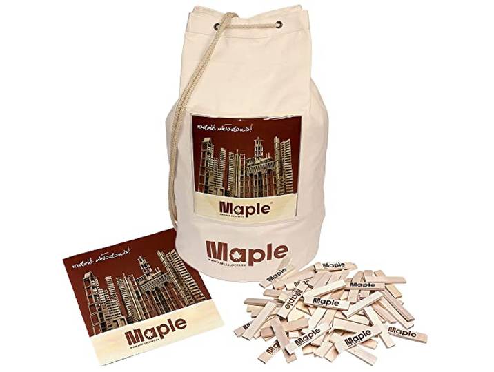 Maple 400 Holzbausteine mit Seesack Natur Bausteine Bauklötze Holzplättchen rechteckig im Stoffbeutel