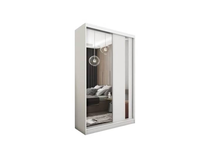 Margaret Hadas24 Kleiderschrank Gabo mit Spiegel, Organizer, Mehrzweckschrank, Schwebetürenschrank, Garderobenschrank, Kleiderstange, Kleiderständer, Flurschrank, Garderobe, Schrank, weiß, 150 cm