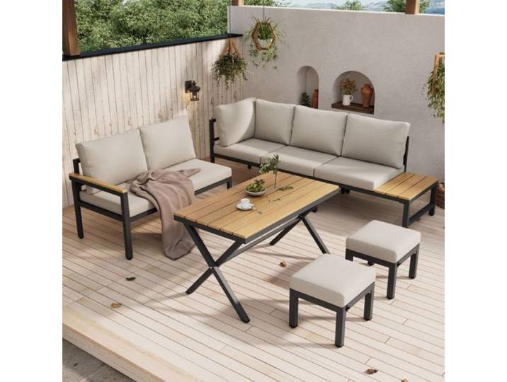 Salon de Jardin Exterieur Complet Canapé d'Angle 2 Tabourets et Table à Manger