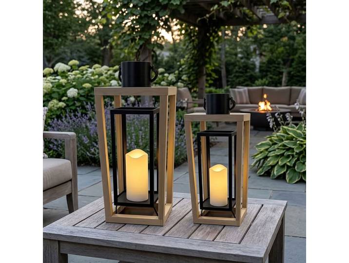 2er-Set Laterne aus Holz & Metall mit LED Kerze & Timer, H38 cm & H48,5 cm