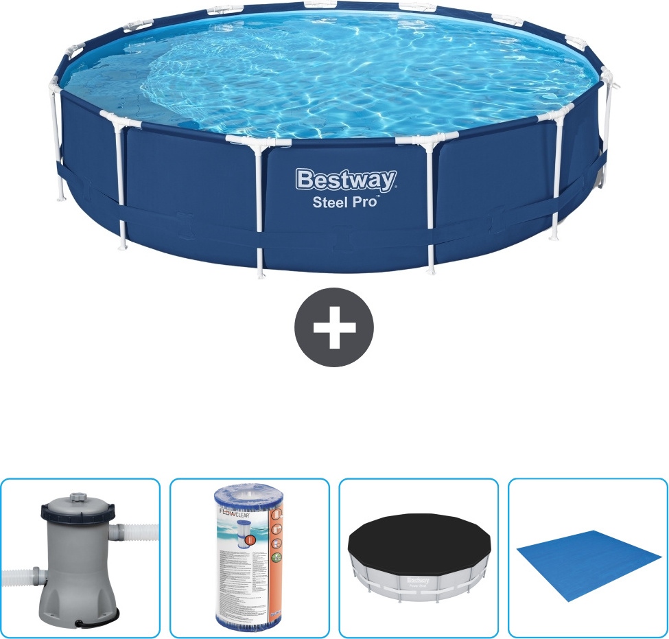 Bestway Round Steel Pro Swimmingpool - 396 x 84 cm - Blau - inklusive Pumpe Filter - Abdeckung - Bodenplane