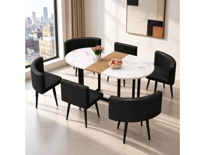 VTELGT Esstisch mit 6 Stühlen Esszimmergruppe Moderner Essgruppe 7 teiliges ovale Esstisch in 150 x 90 cm mit 6 Ergonomischer Design PU-Leder Esszimmerstühle, für Esszimmer, Küche, Wohnzimmer