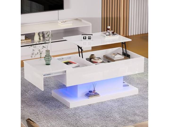 QMTXBYJ Couchtisch Höhenverstellbar, Couchtisch Holz mit Hebeplatte und Offenem Stauraum, Wohnzimmertisch mit LED-Beleuchtung und Bluetooth-APP-Steuerung, Weißer Kaffeetisch für Wohnzimmer