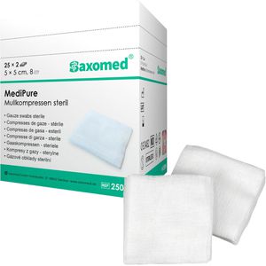 Saxomed Mullkompressen MediPure, aus Baumwolle, steril, fusselfrei, mit Falzkanten, 8-lagig, 5 x 5 cm, 50 Stück