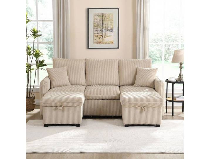 Seyakany - Canapé 3 places multifonction avec 2 tiroirs - Tissu chenille - Beige