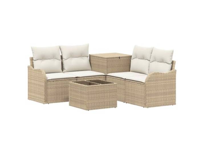 PUGYNBK Modulares Sofa-Set, 6-teilig, Poly-Rattan, cremefarben Integrierte Aufbewahrung, wetterfest, Stahlrahmen, für Garten oder Terrasse