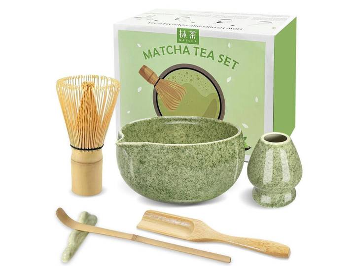 Matcha Set 6-teiliges Set mit Bambusbesen und Schale, Grün, Keramik, 115x108x130 cm, Geschirr, Kannen & Karaffen, Kaffeezubehör & Teezubehör