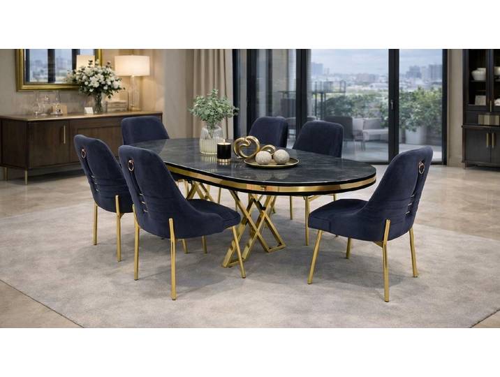 JVmoebel Essgruppe Esstisch 6x Stühle Stil modern schwarz bequem praktisch komfortabel, (7-tlg., 1x Tisch, 6x Stühle)